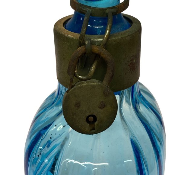 Vtg Blue Glass Apothecary Liquor Bottle UV Reactive Metal Locking Collar Stopper - Picture 8 of 16
